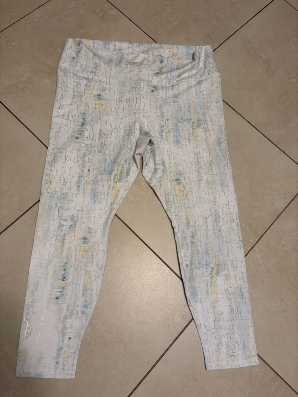 Fabletics White Leggings with Blue and Yellow Accents